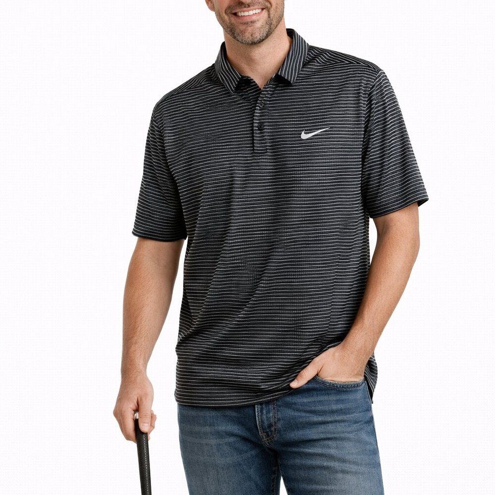 Nike Golf Polo Shirt Striped Black Gray Dri-FIT Size Large